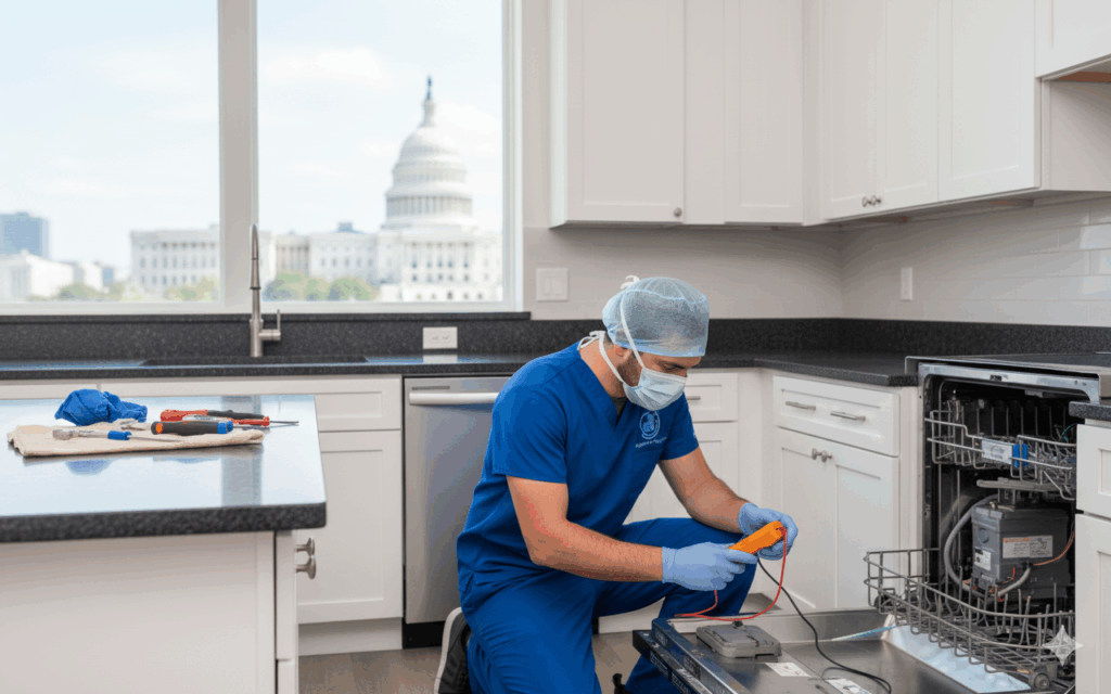 technician repairing dishwasher in washington dc home kitchen