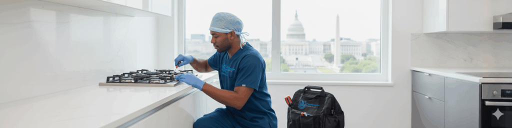 technician repairing cooktop in washington, dc kitchen