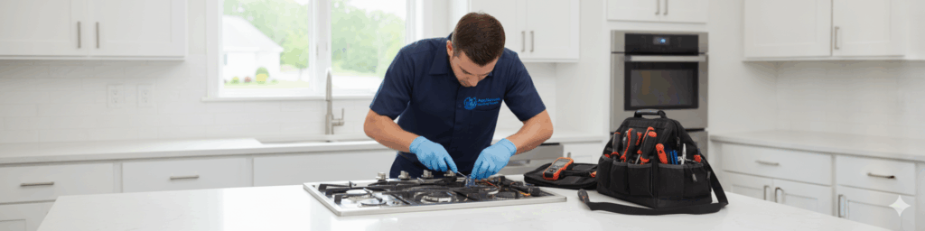 technician repairing cooktop in fairfax, va kitchen
