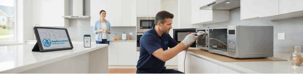 technician repairing microwave in fairfax, va
