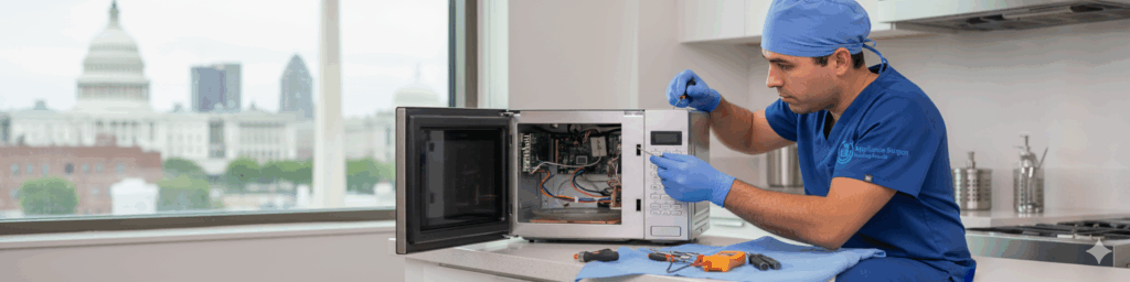 technician repairing microwave in washington, dc